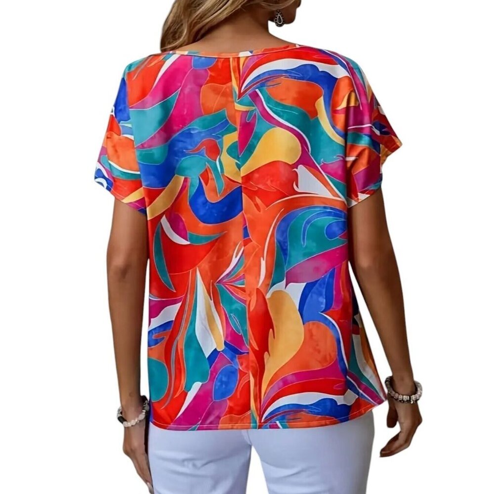 NWT Vibrant Swirls of Bright Colors Short Sleeve Blouse Sizes M, L, XL - Picture 3 of 4